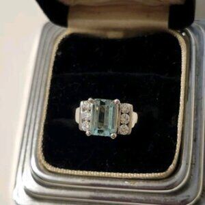 Emerald Cut Emerald & Diamond Engagement Ring / Statement Ring, WG 14K